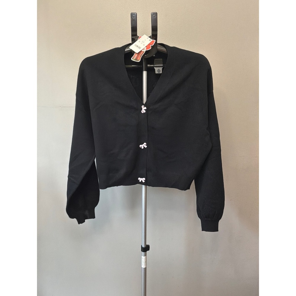 Diet Coke NWT Womens S Black Pink Bow Cardigan Coquette Y2K Girlie Cropped